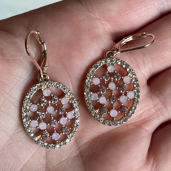 Rose gold tone dangle earrings | pink, purple and white stones - Picture 2 of 6